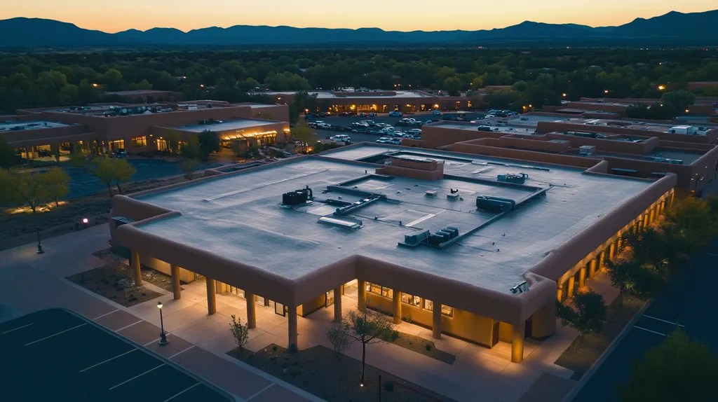 A commercial roof on a bank in a location similar to Santa Fe with an illuminated nightscape aesthetic (AI image)