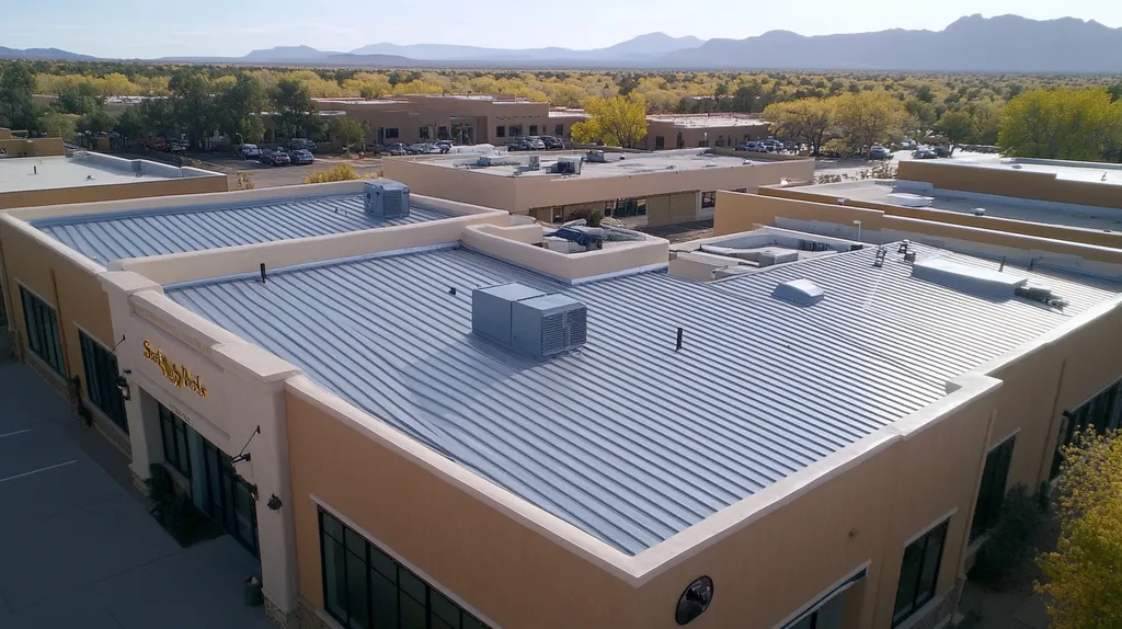 A commercial roof on a bank in a location similar to Santa Fe with a stainless steel aesthetic (AI image)