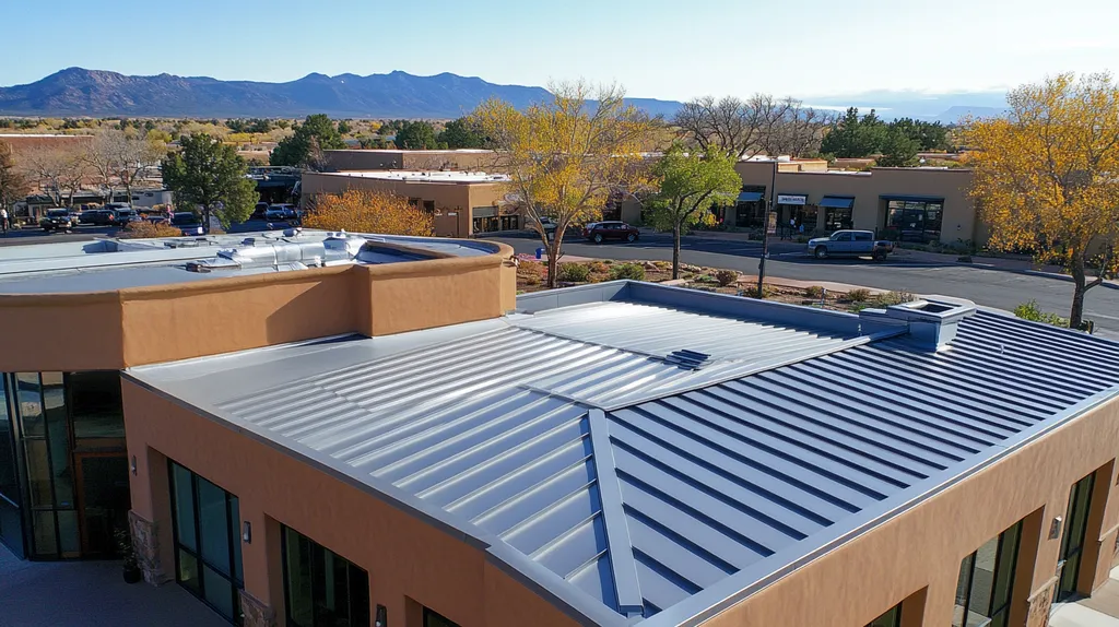 A commercial roof on a bank in a location similar to Santa Fe with a stainless steel aesthetic (AI image)