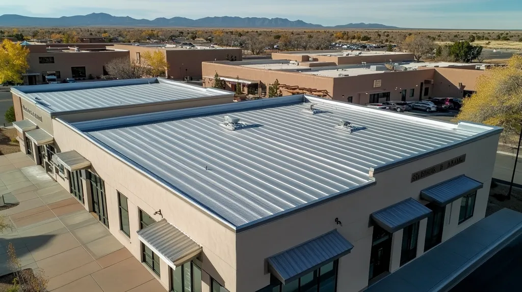 A commercial roof on a bank in a location similar to Santa Fe with a stainless steel aesthetic (AI image)