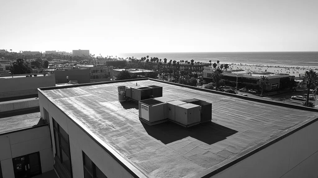 A commercial roof on a bank in a location similar to Santa Monica with a black and white photography aesthetic (AI image)