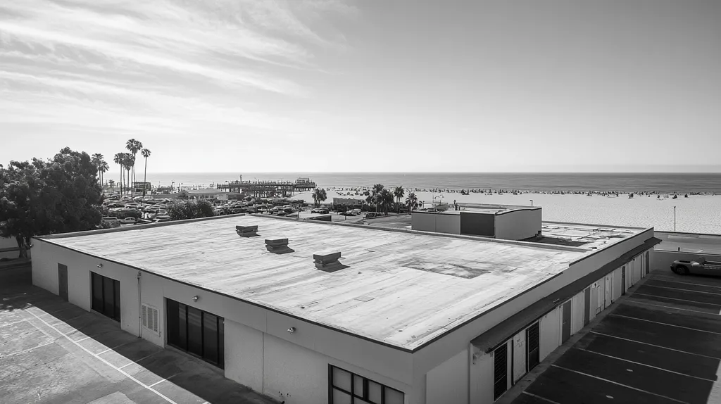 A commercial roof on a bank in a location similar to Santa Monica with a black and white photography aesthetic (AI image)