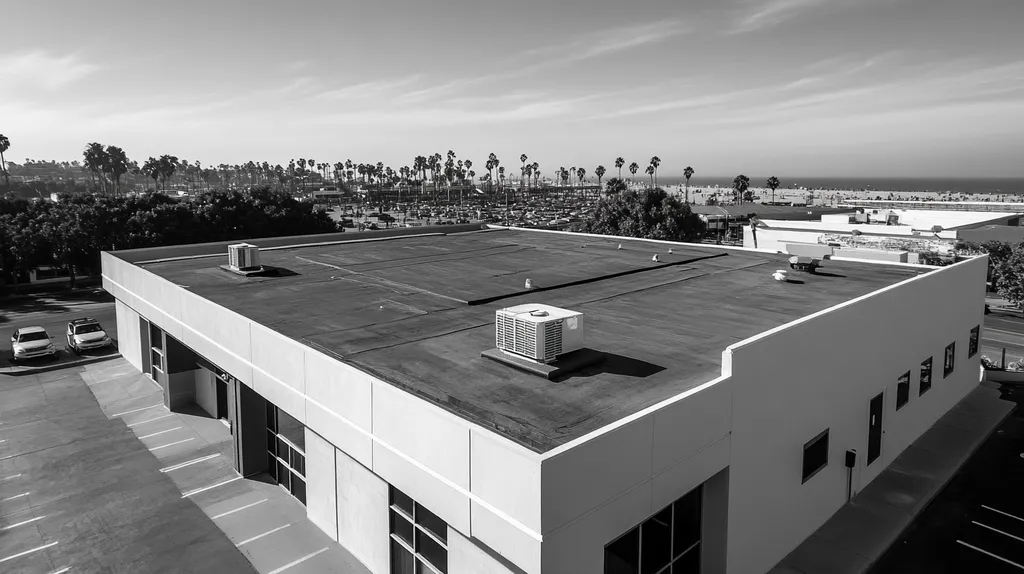 A commercial roof on a bank in a location similar to Santa Monica with a black and white photography aesthetic (AI image)
