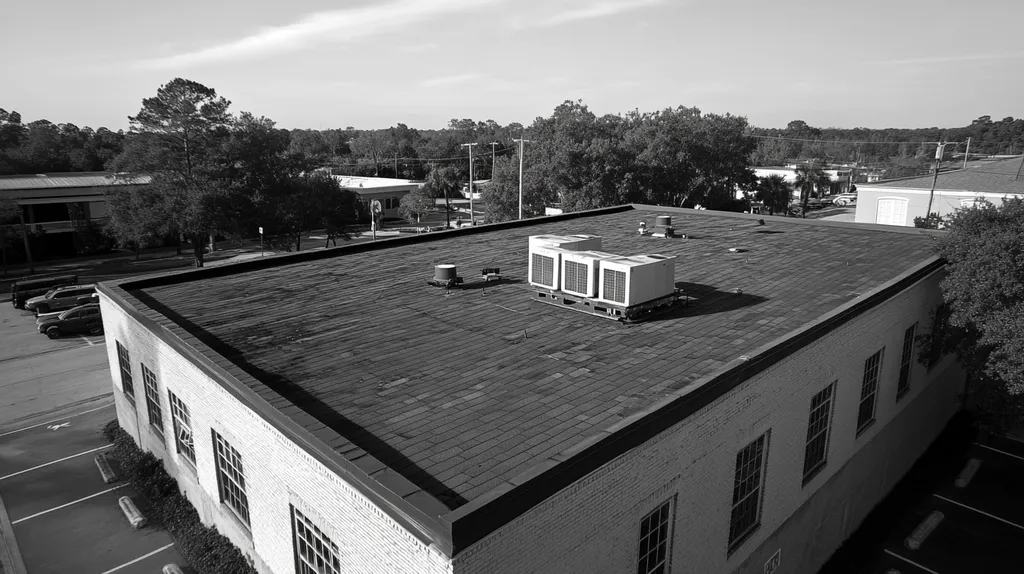 A commercial roof on a bank in a location similar to Savannah with a black and white photography aesthetic (AI image)