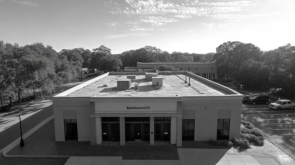 A commercial roof on a bank in a location similar to Savannah with a black and white photography aesthetic (AI image)