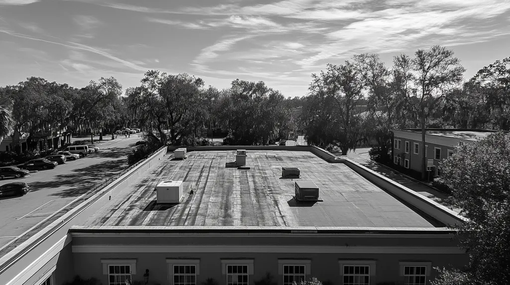 A commercial roof on a bank in a location similar to Savannah with a black and white photography aesthetic (AI image)