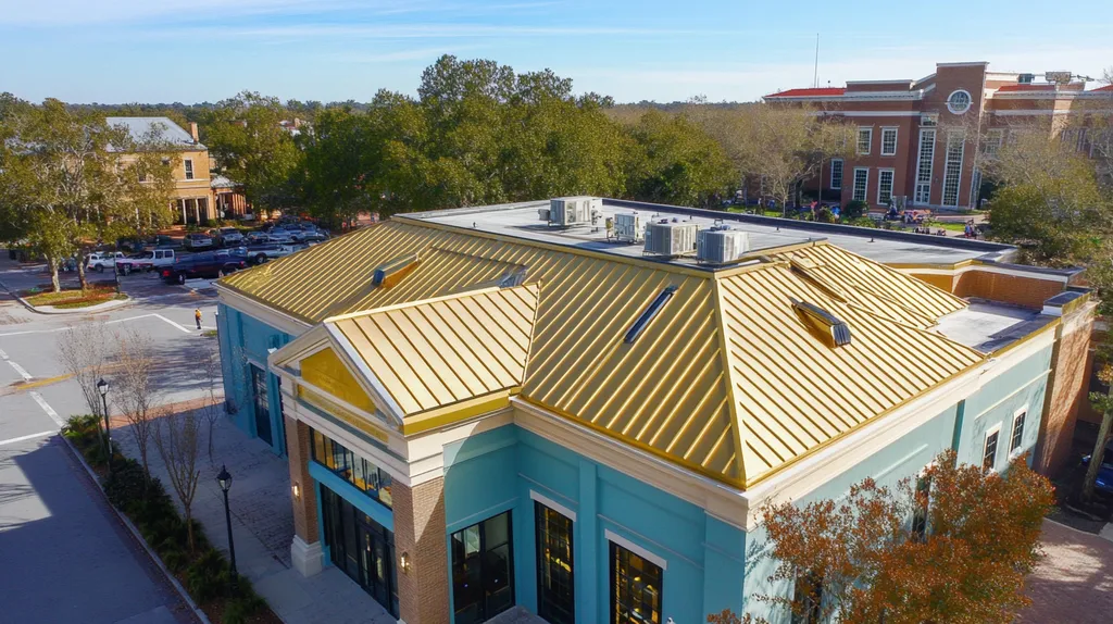 A commercial roof on a bank in a location similar to Savannah with a solid gold aesthetic (AI image)