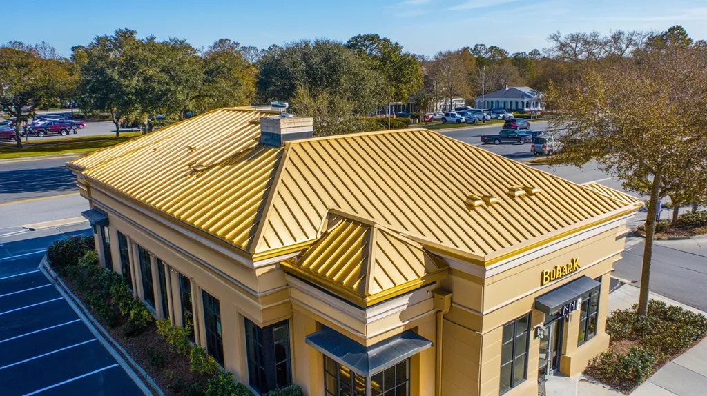 A commercial roof on a bank in a location similar to Savannah with a solid gold aesthetic (AI image)