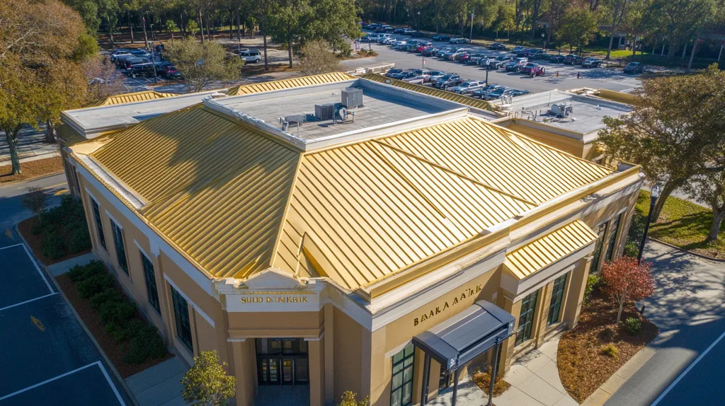 A commercial roof on a bank in a location similar to Savannah with a solid gold aesthetic (AI image)