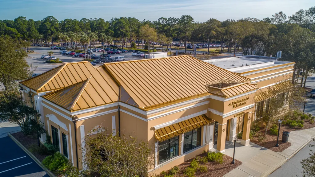 A commercial roof on a bank in a location similar to Savannah with a solid gold aesthetic (AI image)