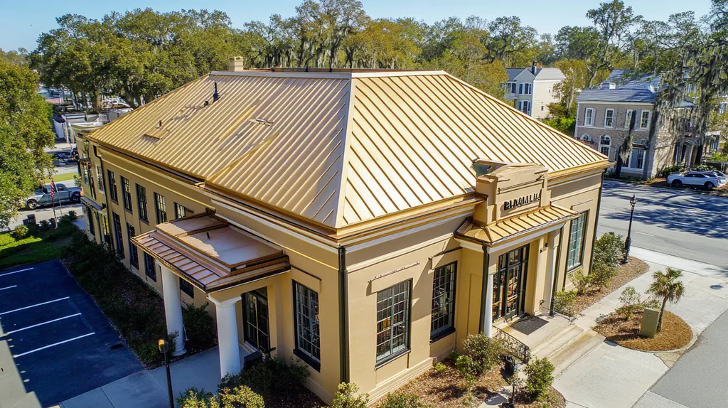 A commercial roof on a bank in a location similar to Savannah with a solid gold aesthetic (AI image)