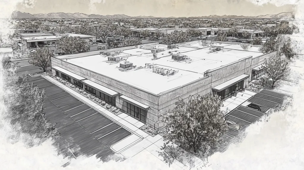 A commercial roof on a bank in a location similar to Scottsdale with a charcoal sketch aesthetic (AI image)