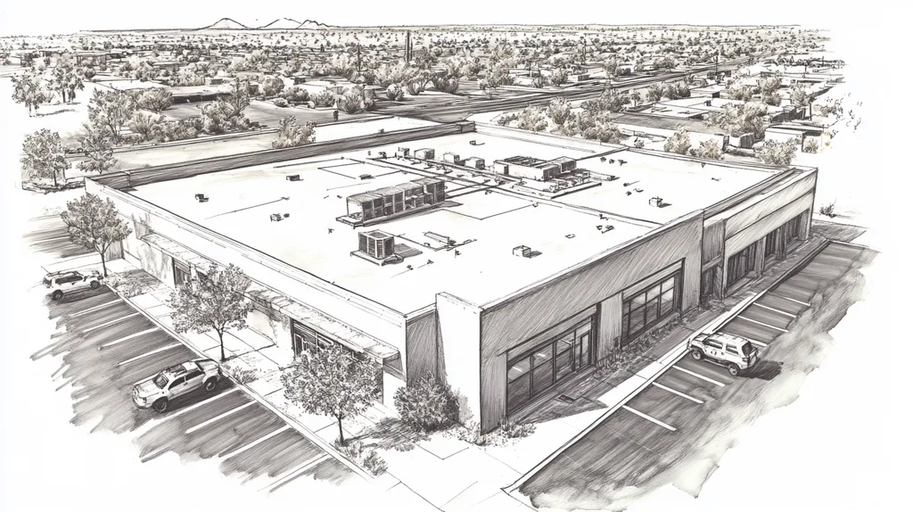 A commercial roof on a bank in a location similar to Scottsdale with a charcoal sketch aesthetic (AI image)