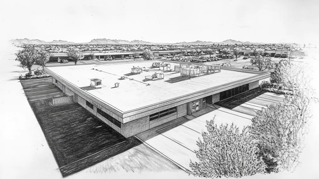 A commercial roof on a bank in a location similar to Scottsdale with a charcoal sketch aesthetic (AI image)