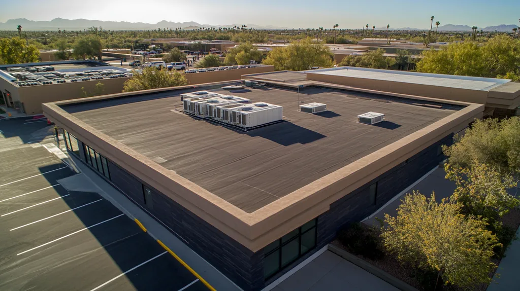 A commercial roof on a bank in a location similar to Scottsdale with a futuristic aesthetic (AI image)