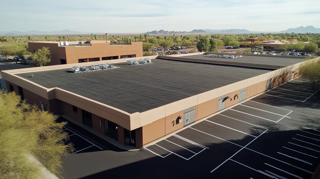 A commercial roof on a bank in a location similar to Scottsdale with a futuristic aesthetic (AI image)