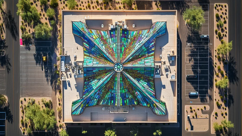 A commercial roof on a bank in a location similar to Scottsdale with a stained glass style aesthetic (AI image)
