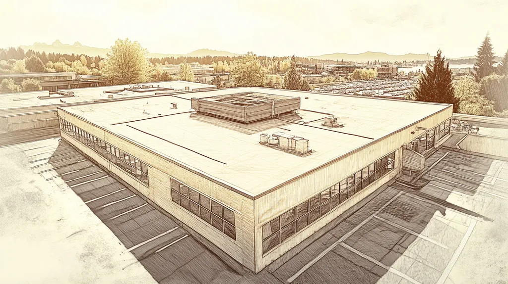 A commercial roof on a bank in a location similar to Seattle with an architectural sketch rendering aesthetic (AI image)