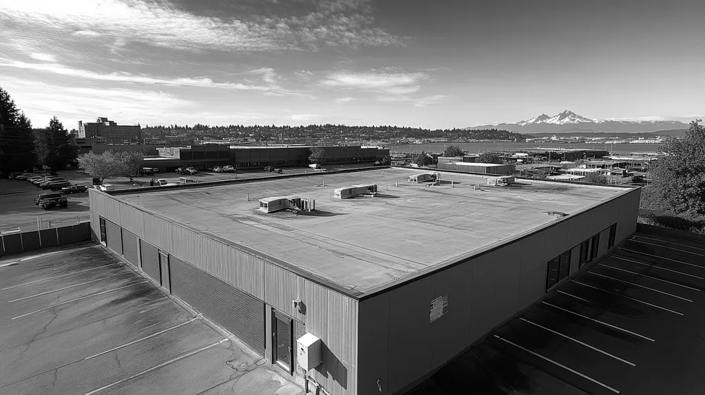 A commercial roof on a bank in a location similar to Seattle with a black and white photography aesthetic (AI image)