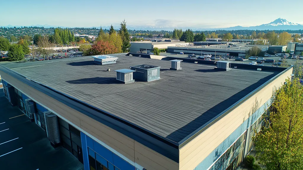 A commercial roof on a bank in a location similar to Seattle with a cross-processed look aesthetic (AI image)