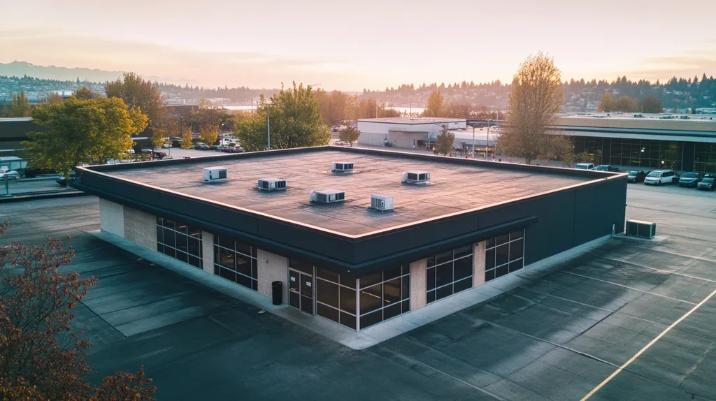 A commercial roof on a bank in a location similar to Seattle with an ethereal glow aesthetic (AI image)