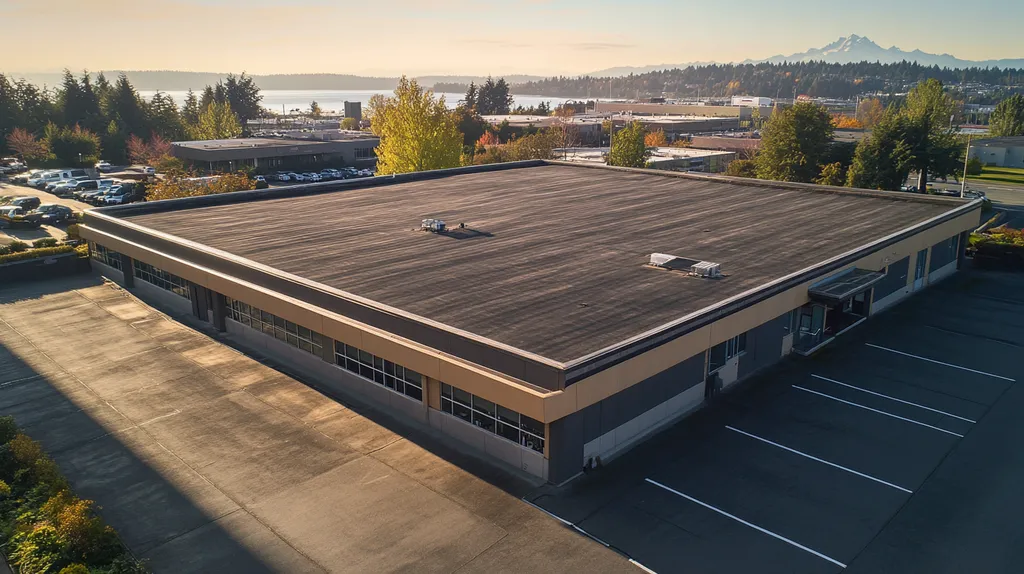 A commercial roof on a bank in a location similar to Seattle with an ethereal glow aesthetic (AI image)