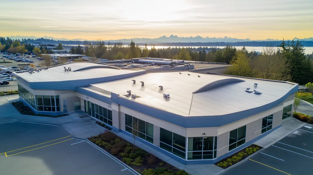 A commercial roof on a bank in a location similar to Seattle with a futuristic aesthetic (AI image)