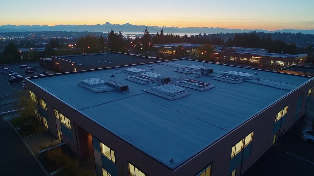 A commercial roof on a bank in a location similar to Seattle with an illuminated nightscape aesthetic (AI image)