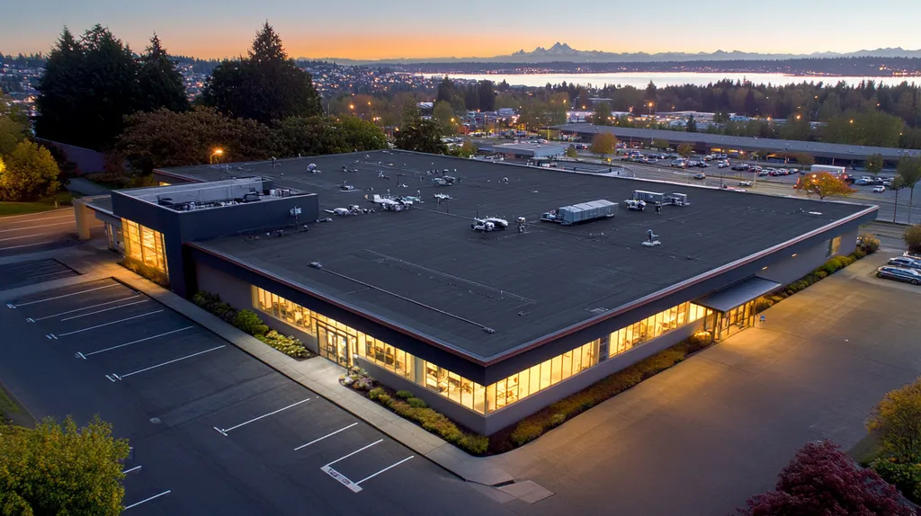 A commercial roof on a bank in a location similar to Seattle with an illuminated nightscape aesthetic (AI image)
