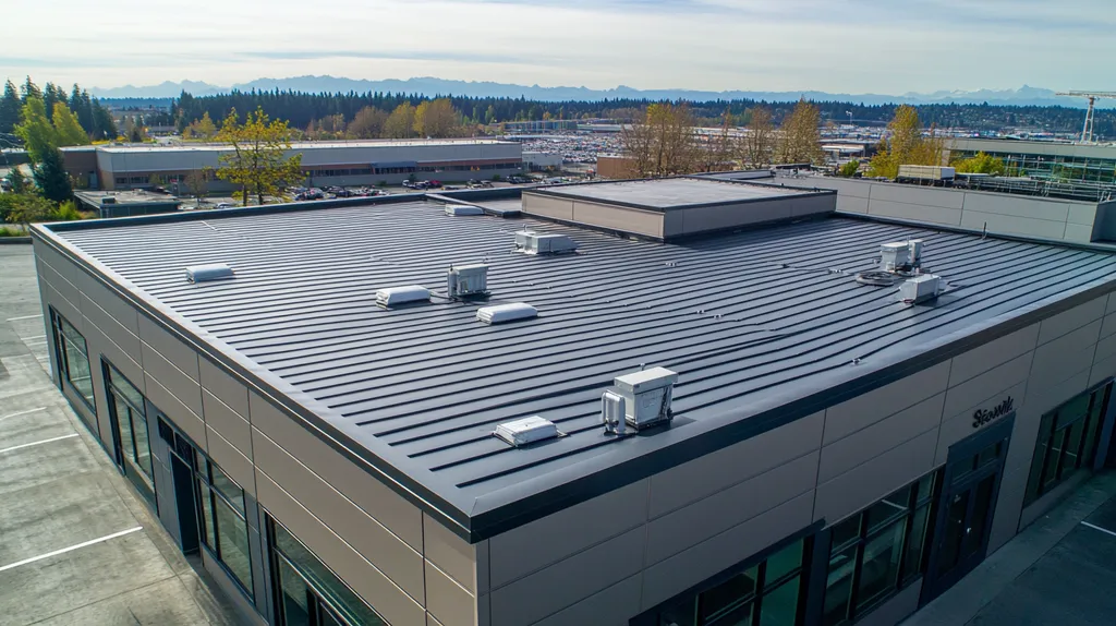 A commercial roof on a bank in a location similar to Seattle with a stainless steel aesthetic (AI image)