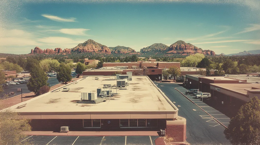 A commercial roof on a bank in a location similar to Sedona with a Polaroid aesthetic (AI image)