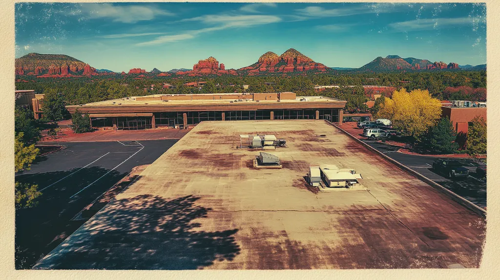 A commercial roof on a bank in a location similar to Sedona with a Polaroid aesthetic (AI image)
