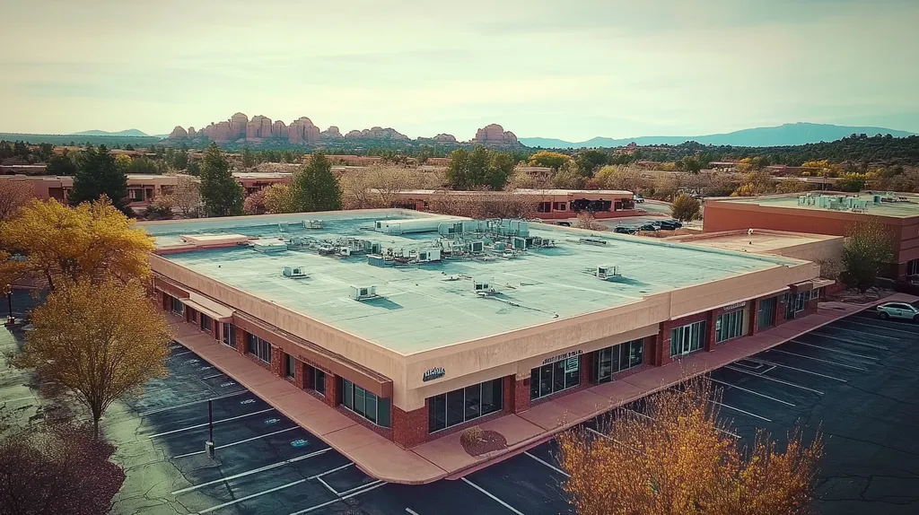 A commercial roof on a bank in a location similar to Sedona with a Polaroid aesthetic (AI image)