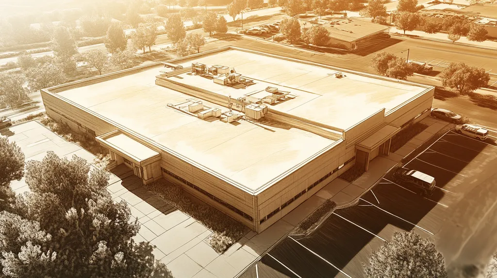 A commercial roof on a bank in a location similar to Sedona with an architectural sketch rendering aesthetic (AI image)