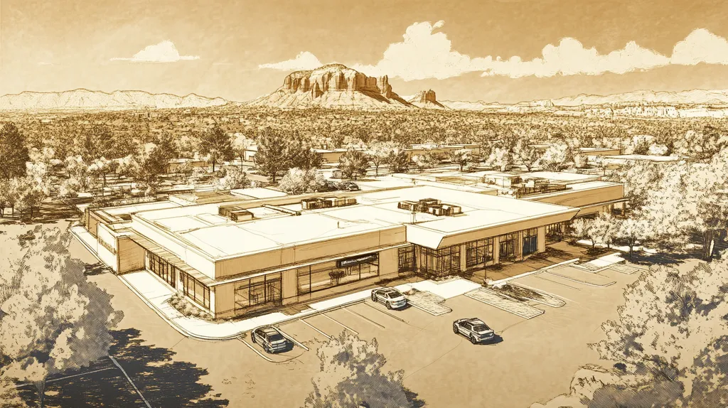 A commercial roof on a bank in a location similar to Sedona with an architectural sketch rendering aesthetic (AI image)