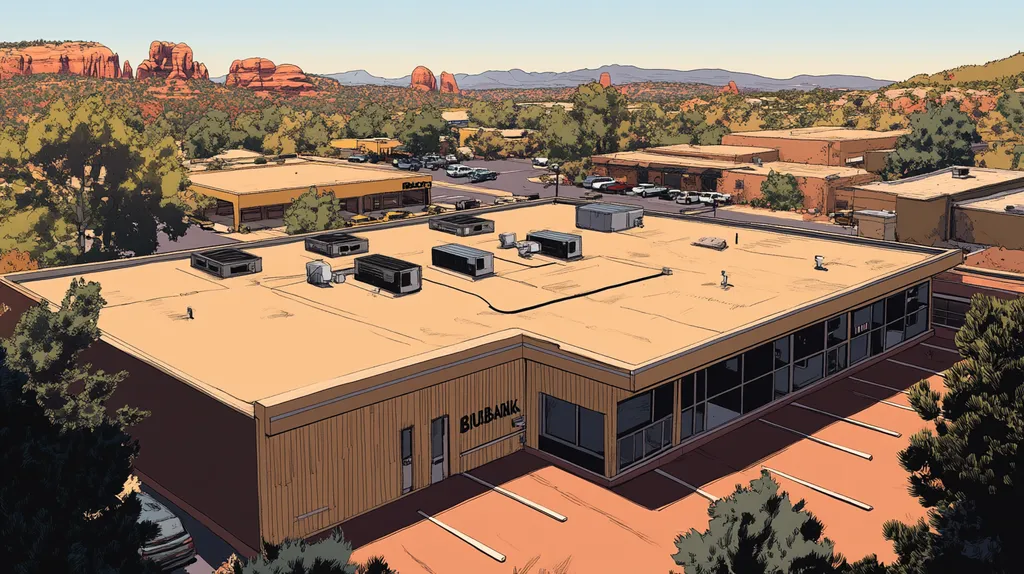 A commercial roof on a bank in a location similar to Sedona with a comic book style aesthetic (AI image)