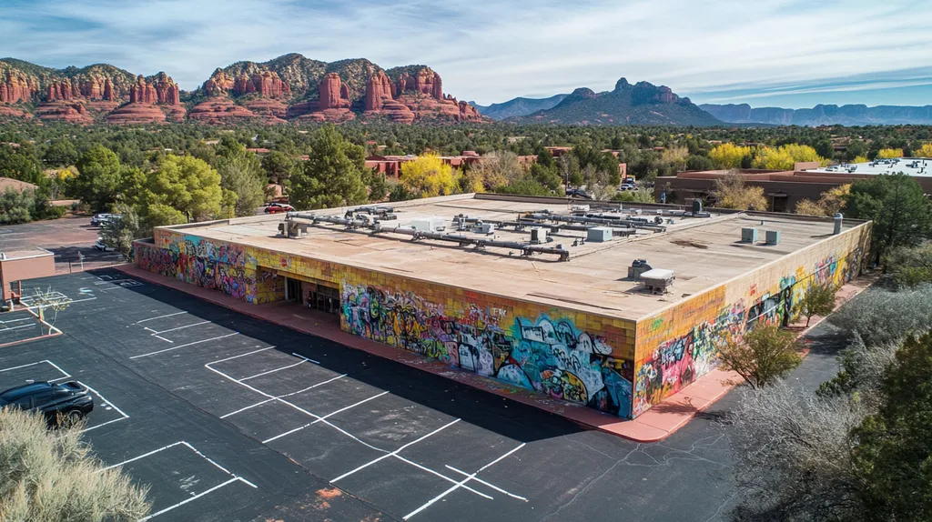 A commercial roof on a bank in a location similar to Sedona with a graffiti mural aesthetic (AI image)
