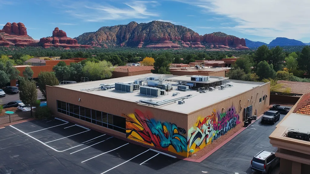 A commercial roof on a bank in a location similar to Sedona with a graffiti mural aesthetic (AI image)