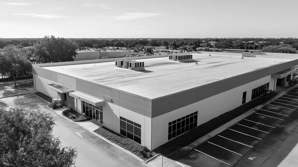 A commercial roof on a bank in a location similar to Tampa with a black and white photography aesthetic (AI image)