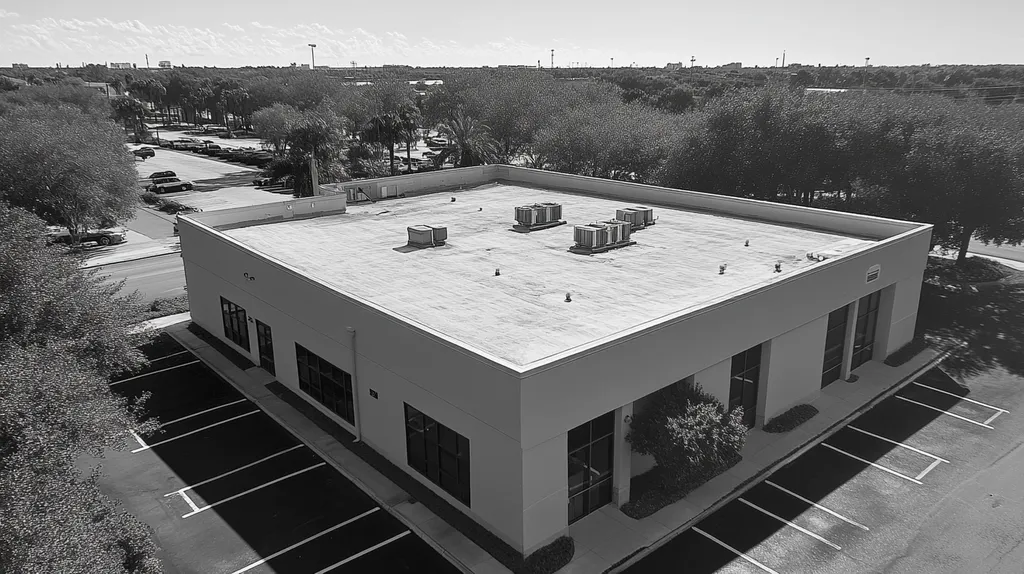 A commercial roof on a bank in a location similar to Tampa with a black and white photography aesthetic (AI image)