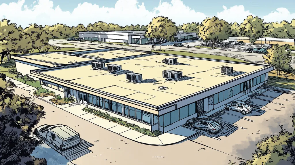 A commercial roof on a bank in a location similar to Tampa with a comic book style aesthetic (AI image)