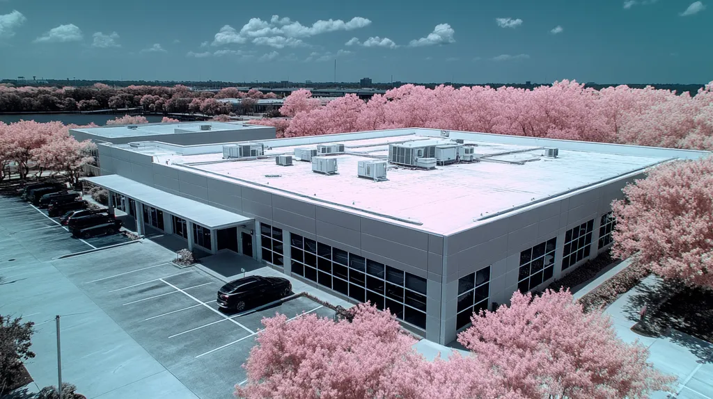 A commercial roof on a call center in a location similar to Jacksonville with an infrared photography aesthetic (AI image)
