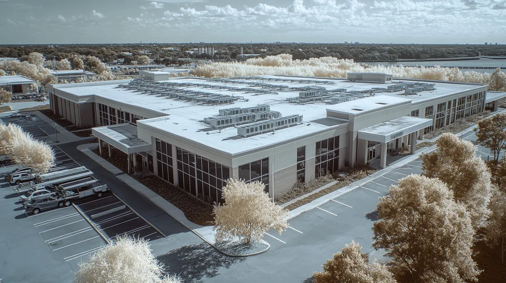 A commercial roof on a call center in a location similar to Jacksonville with an infrared photography aesthetic (AI image)