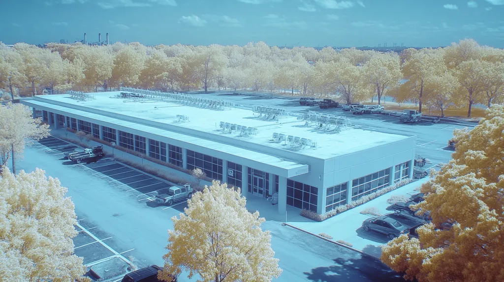 A commercial roof on a call center in a location similar to Jacksonville with an infrared photography aesthetic (AI image)