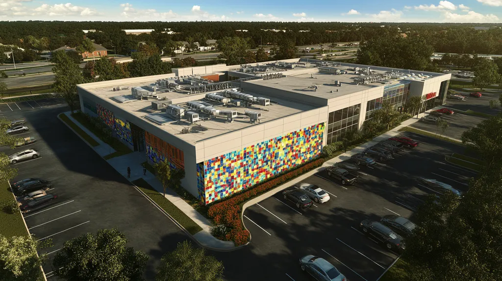 A commercial roof on a call center in a location similar to Jacksonville with a mosaic tile art aesthetic (AI image)