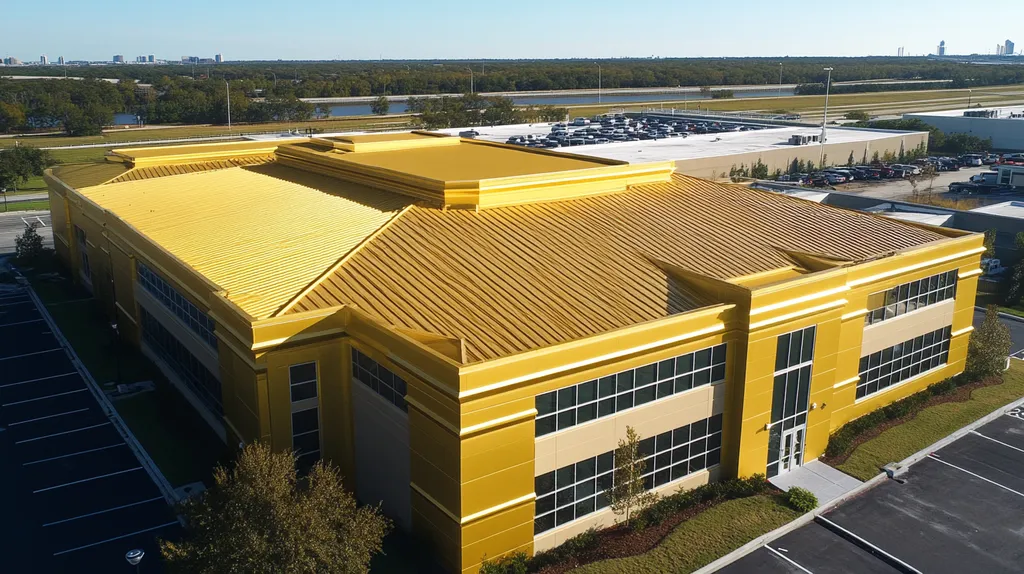 commercial-roof-call-center-Jacksonville-solid-gold-fe1f0304-b5b7-4a04-a5e7-799bb8ddfce0-We-Coat_result.webp A commercial roof on a call center in a location similar to Jacksonville with a solid gold aesthetic (AI image)