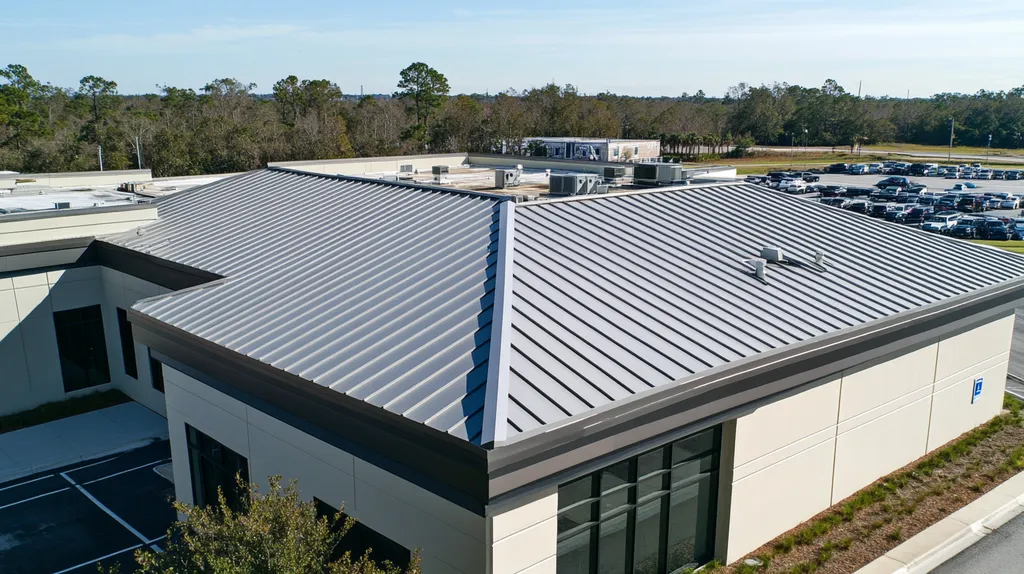 A commercial roof on a call center in a location similar to Jacksonville with a stainless steel aesthetic (AI image)