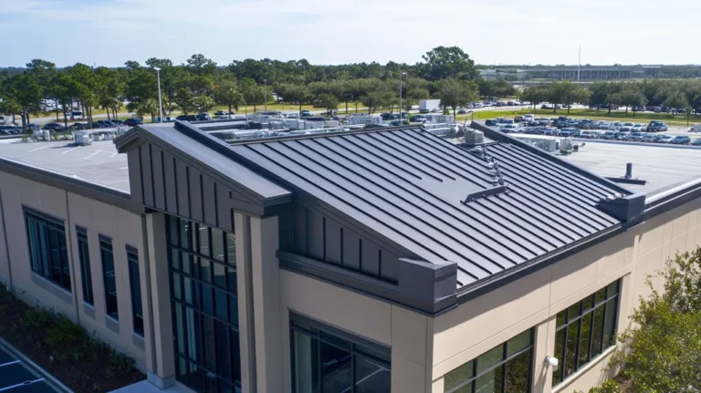 A commercial roof on a call center in a location similar to Jacksonville with a stainless steel aesthetic (AI image)