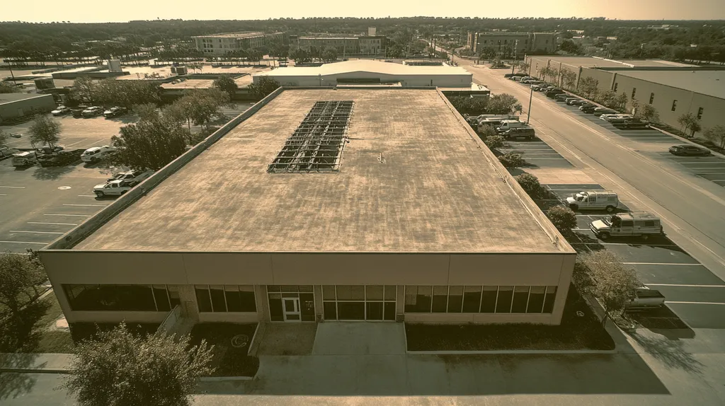 A commercial roof on a call center in a location similar to Jacksonville with a tintype aesthetic (AI image)