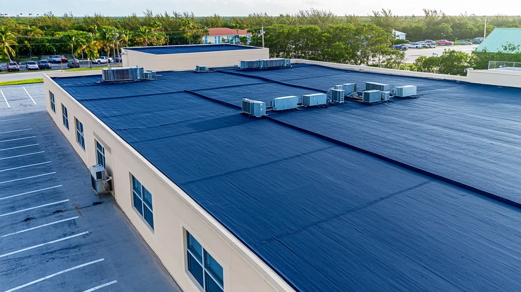 A commercial roof on a call center in a location similar to Key West with a cross-processed look aesthetic (AI image)